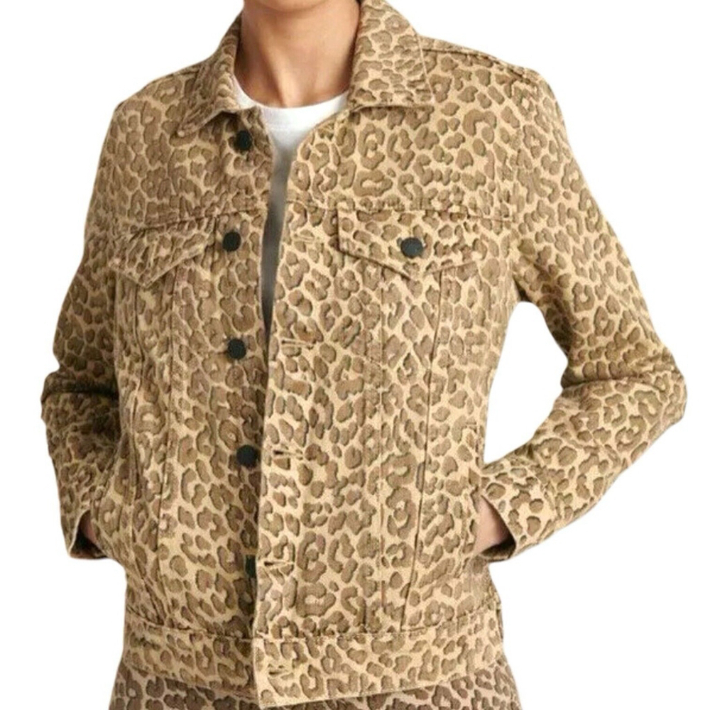 Lucky Brand Womens XS Leopard Denim Jacket The Tomboy Trucker Animal Print Brown - Picture 2 of 16